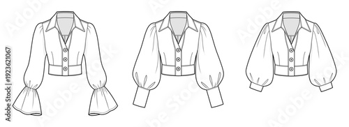 Cropped Button-Front Blouse Technical Fashion Illustration Sleeve Variations Set. Bell, Bishop and Leg-of-Mutton Sleeve Styles. Structured Waistband Shirt Collection. Front View CAD Vector Template.