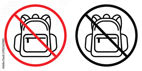 No backpacks prohibited sign with red and black strikeout. Universal restriction symbol for safety, security zones, or school rules. Vector illustration of forbidden bag icon in a circle.