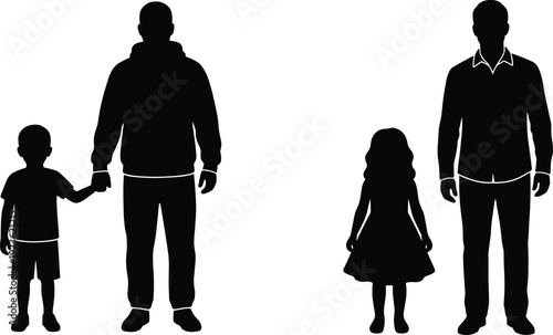 Collection of black silhouettes featuring business professionals, construction workers digging with shovels, music conductors, and family icons, flat vector illustration.