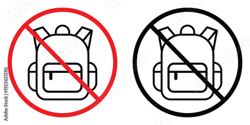 No backpacks prohibited sign with red and black strikeout. Universal restriction symbol for safety, security zones, or school rules. Vector illustration of forbidden bag icon in a circle.