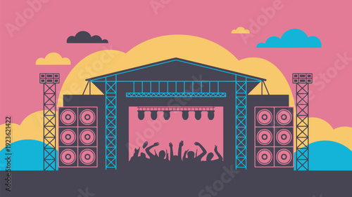 A vibrant concert stage with a lively crowd under a colorful sky