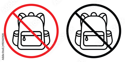 No backpacks prohibited sign with red and black strikeout. Universal restriction symbol for safety, security zones, or school rules. Vector illustration of forbidden bag icon in a circle.