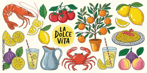 La Dolce Vita Mediterranean Collection with Hand-Drawn Seafood, Citrus, Olives, Wine and Fruits, Whimsical Colorful Elements in Sketchy Style with Textured Outlines for Summer Design