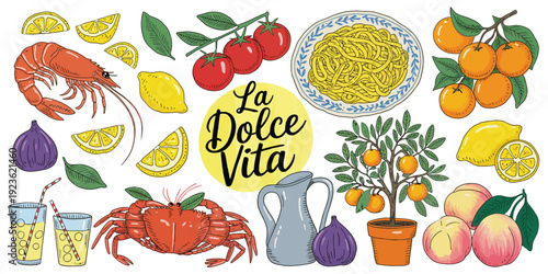 La Dolce Vita Mediterranean Collection with Hand-Drawn Seafood, Citrus, Olives, Wine and Fruits, Whimsical Colorful Elements in Sketchy Style with Textured Outlines for Summer Design
