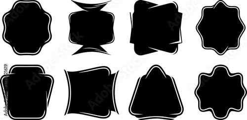 8 Black and white vintage badge and label vector collection. Includes various ornate shapes with thin white outlines. Created in a classic flat style with a monochrome palette.