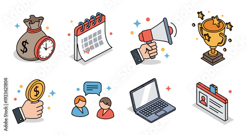 A collection of business and success icons including money, calendar, megaphone, and trophy in flat design style, ideal for marketing and corporate projects