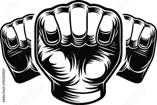 Three monochrome fists are lined up, symbolizing strength and determination with a bold, outlined style