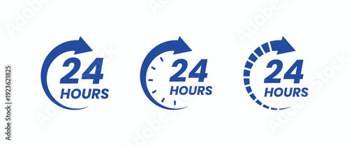 Blue 24 hours service icon set with arrow and clock elements for 24/7 business availability and support