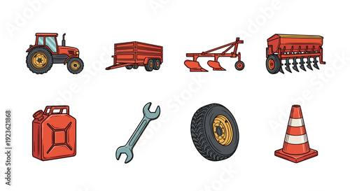 A set of agriculture and construction icons including a tractor, trailer, tools, and safety cone in colorful vector style, perfect for farming and machinery illustrations