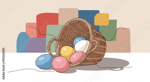 A basket filled with colorful eggs in a minimalist vector style, perfect for Easter celebrations and spring designs