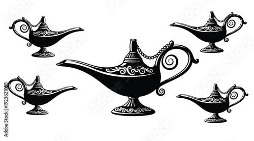 Magic lamp collection, Aladdin genie oil lamps set, vintage Arabian fairy tale illustration isolated on white background