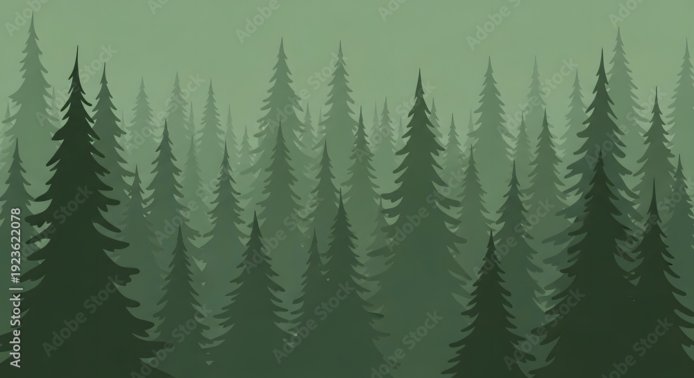 Obraz premium Misty evergreen forest shrouded in atmospheric fog, a dense canopy of tall pine trees creating a serene and mysterious natural landscape