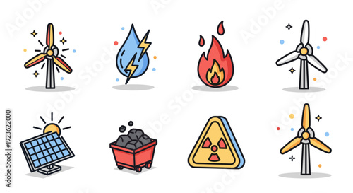 A collection of energy icons including wind turbines, solar panels, coal, fire, and nuclear symbols in a colorful modern vector style, perfect for environmental and energy-related projects