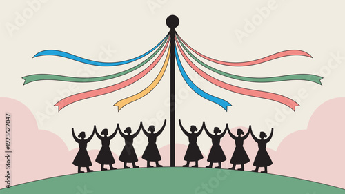 A group of people dancing around a maypole with colorful ribbons on a green hill