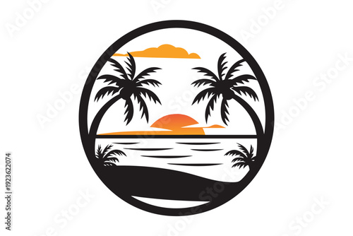 Rocket launches from a tropical island between palm trees during a retro sunset scene