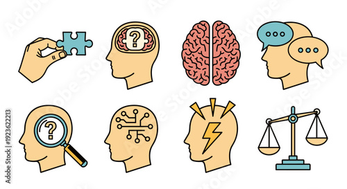 A collection of icons depicting brain, puzzle, question marks, and scales in flat modern vector style, suitable for educational and technology themes