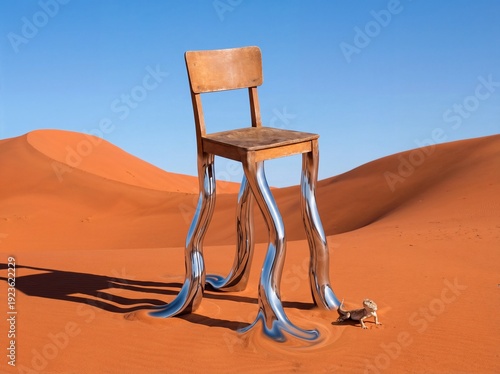 Surreal liquid chrome chair in vast empty terracotta sand desert