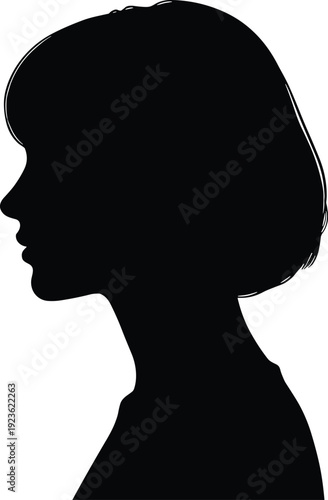 Female profile silhouette illustration, short bob hairstyle identity design, vector artwork, fashion and education theme, isolated background