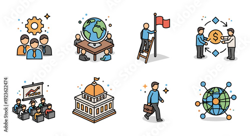 A collection of business-themed illustrations featuring teamwork, global economy, leadership, and collaboration in flat modern vector style, perfect for corporate branding and presentations