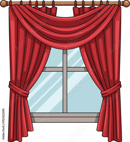Classic red curtains with a swag valance and tiebacks on a wooden rod over a window.