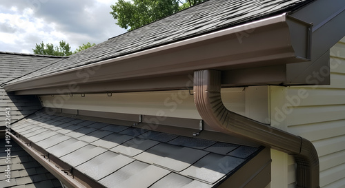 Brown aluminum rain gutter system installed on a residential roof