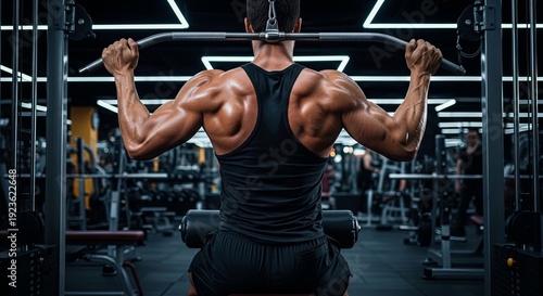 Muscular Man Performing Lat Pulldown Exercise in Gym.