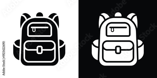 Minimalist school backpack icon in black and white. Simple vector illustration of a rucksack for education and travel UI.