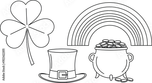 A collection of traditional lucky symbols for St. Patrick's Day featuring a shamrock, a rainbow, a leprechaun hat, and a pot of gold line art illustration.