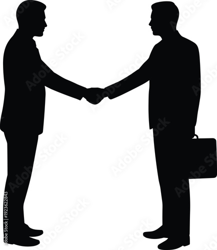 Business handshake silhouette vector illustration, professional icons with briefcase, corporate artwork, decorative graphics, partnership motifs