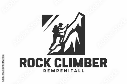 Silhouette depicts athletic figure ascending a rugged mountain with backpack, showing climbing effort