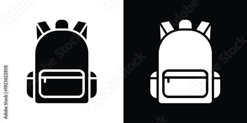 Minimalist school backpack icon in black and white. Simple vector illustration of a rucksack for education and travel UI.