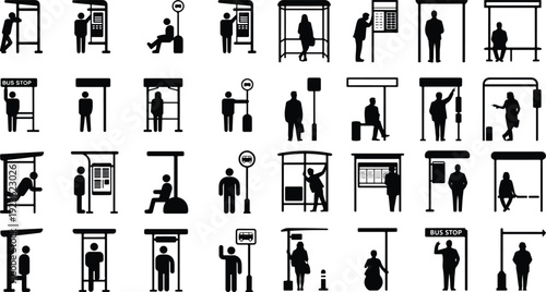 Bus Stop Pictogram Silhouette Icon Set Public Transport Waiting Silhouette Vector Pack