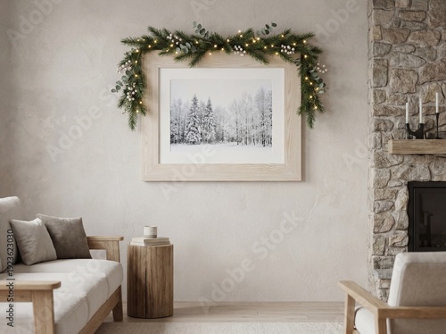 Christmas wooden frame mockup with pine garland and lights in cozy winter living room