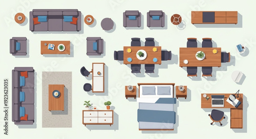 Top-down view of various furniture pieces arranged for interior design planning.