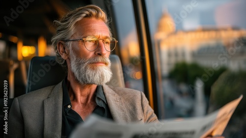 Reflective Journey: Senior Man and Cityscape at Dusk generated by AI