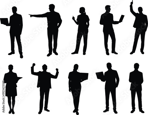 Business professional silhouette vector illustration set, office icons with diverse poses, stylish artwork, decorative graphics, corporate motifs