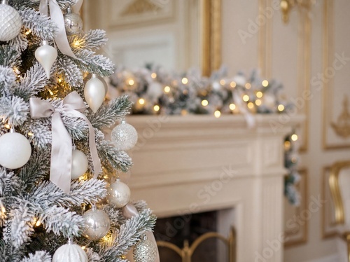 Christmas tree with white and silver ornaments near blurred fireplace background