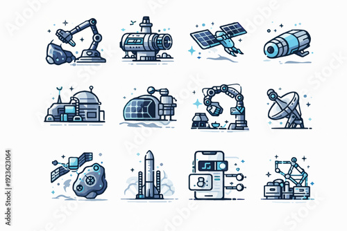 A collection of icons of advanced technologies in outer space in blue tone, conveying the concepts of innovation, future, and scientific advancement. 