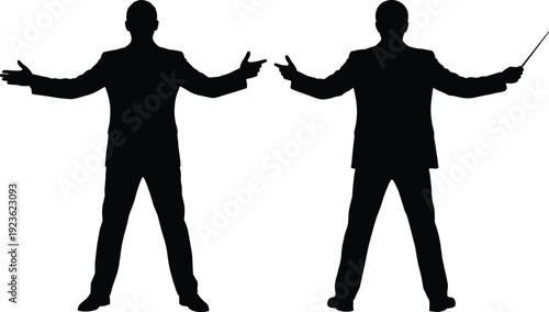 Collection of black silhouettes featuring businessmen in suits, laborers digging with shovels, and orchestra conductors directing, flat vector illustration isolated on white.