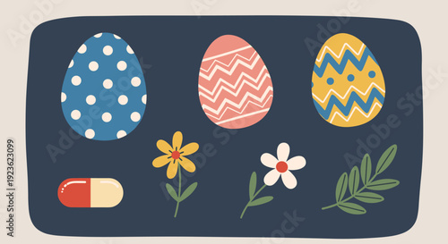 A collection of colorful Easter eggs, a capsule pill, and flowers in flat modern vector style, suitable for seasonal designs and health themes