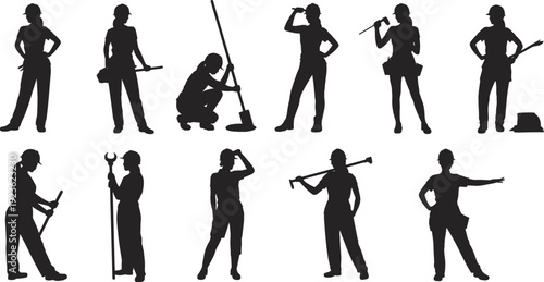Construction worker silhouette vector illustration set, industrial icons with diverse tools, professional artwork, decorative graphics, engineering motifs