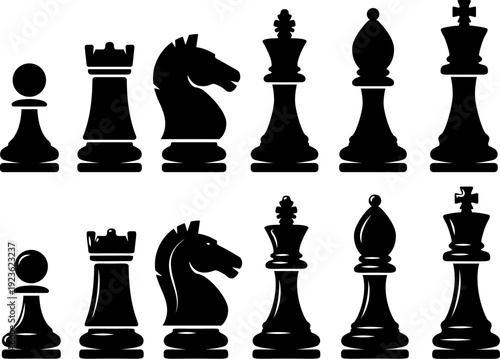 A black and white vector set of chess pieces including king, queen, bishop, knight, rook, and pawn. These clean silhouettes are perfect for gaming and strategy logos.
