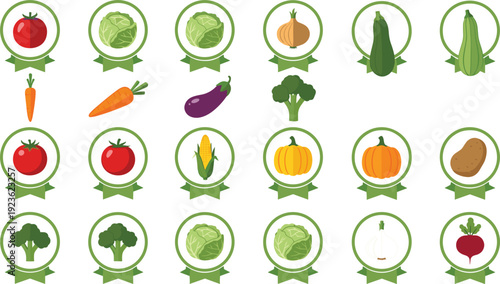 Organic Vegetable Badge Icons Set – Green Ribbon Healthy Food Vector Collection