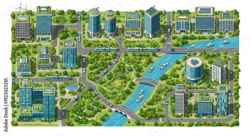 Aerial view of a modern city with buildings, roads, and a river.