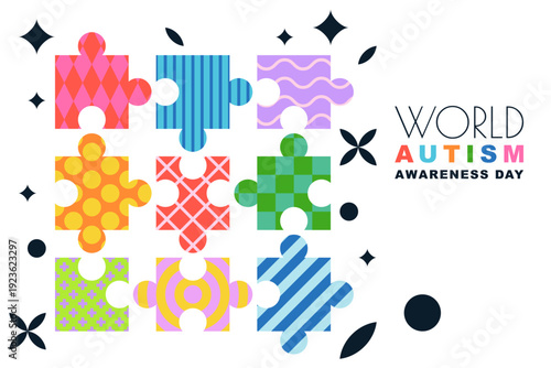 World Autism Awareness Day poster. Vector colorful puzzle with geometric pattern. Support, inclusion, diversity concept