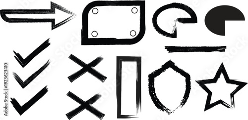 Hand Drawn Brush Stroke Icons Set - Arrows, Check Marks, Crosses and Geometric Shapes