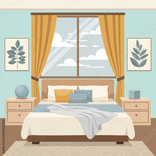 Cozy modern bedroom interior illustration with a large window yellow curtains and botanical art prints.