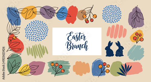 A vibrant Easter brunch illustration featuring colorful flowers, leaves, and bunnies in a playful modern vector style, ideal for event invitations and decorations