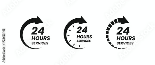 Black 24 hours services icon set for minimalist business design, delivery, and full-time support symbols