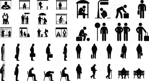 Bus Stop Pictogram Silhouette Icon Set Public Transport Waiting Silhouette Vector Pack